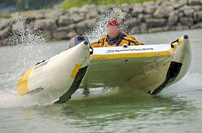 Hammerhead inflatable boat at speed.  When travelling fast very little of the boat actually touches the water.